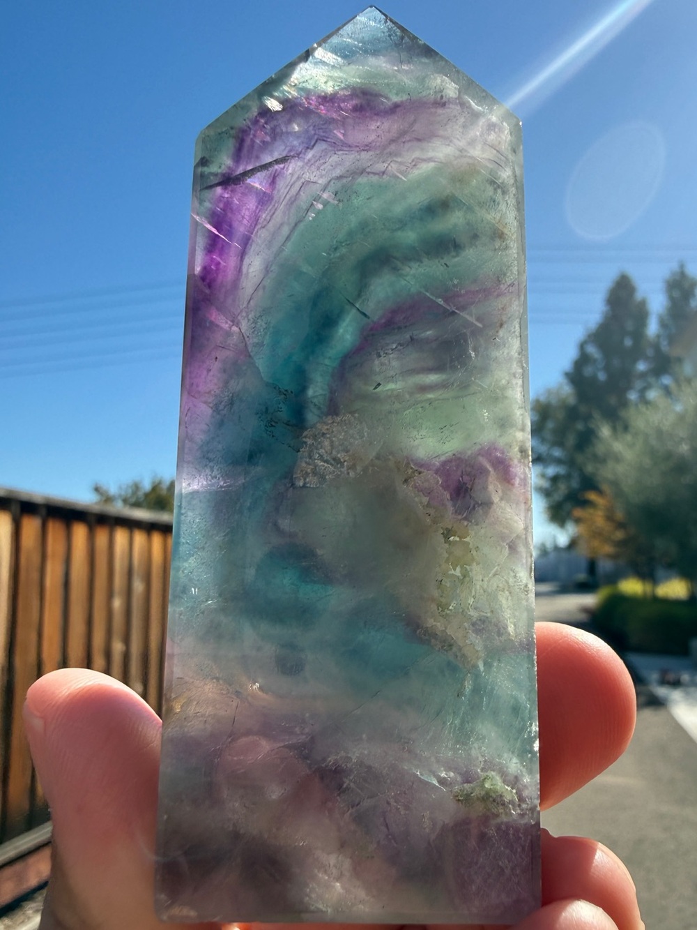 Rainbow Fluorite Tower 4-Sided Point | Translucent Purple & Green Banded Obelisk